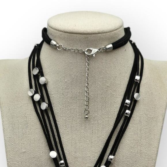 Black Multi Strand Cord Necklace Silver Beaded Tassel Drop Necklace - Picture 4 of 6